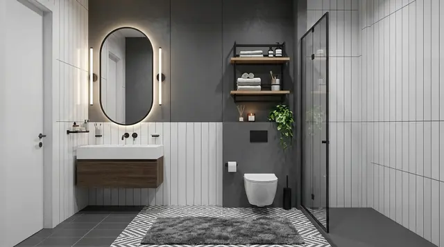 Antrasit ve beyaz banyo tasarımı