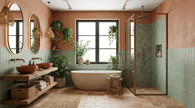 Yeşil ve terrakota banyo tasarımı